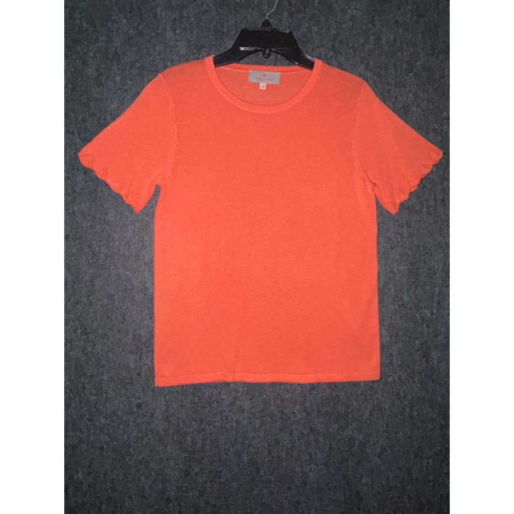 Laurie Felt Short Sleeve Sweater Womens XS Coral Orange Scallop Cuff Knit